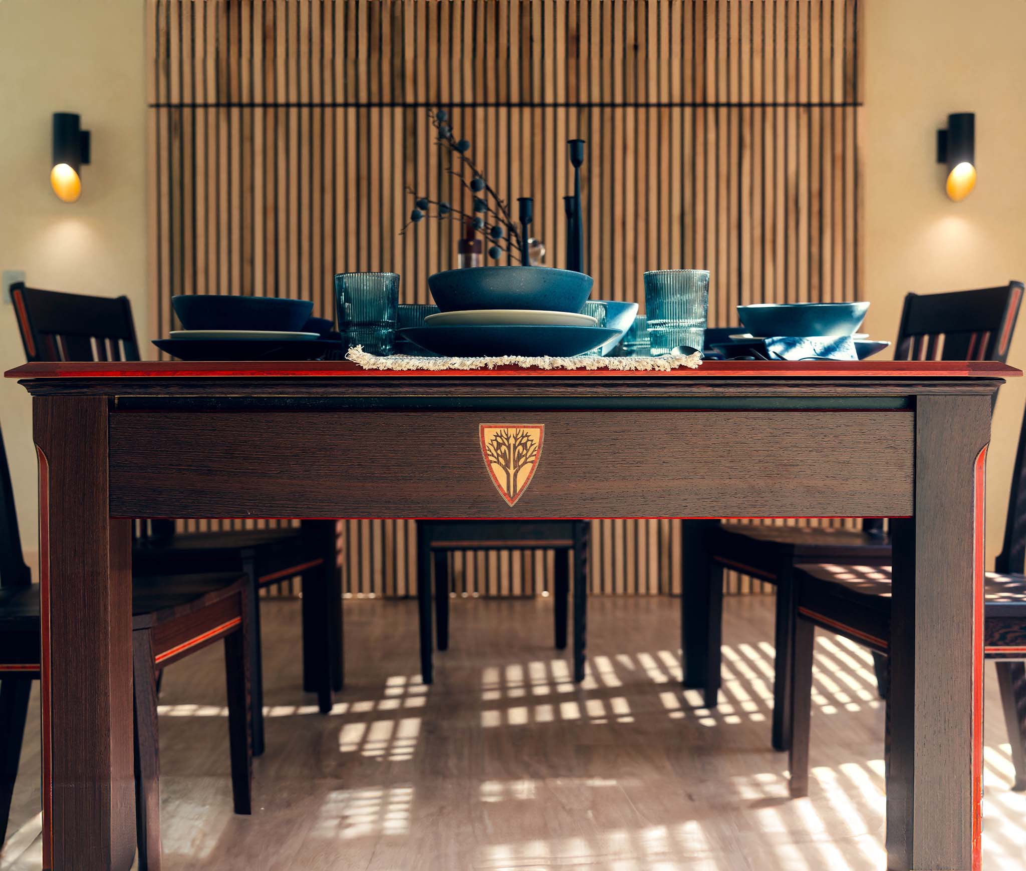 Glyph Prophecy in dining mode with matching chairs and place settings